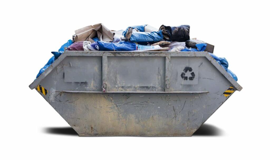 Großer blauer Entrümpelungs-Container auf gelbem Hintergrund — Symbolbild für professionelle Haushaltsauflösung